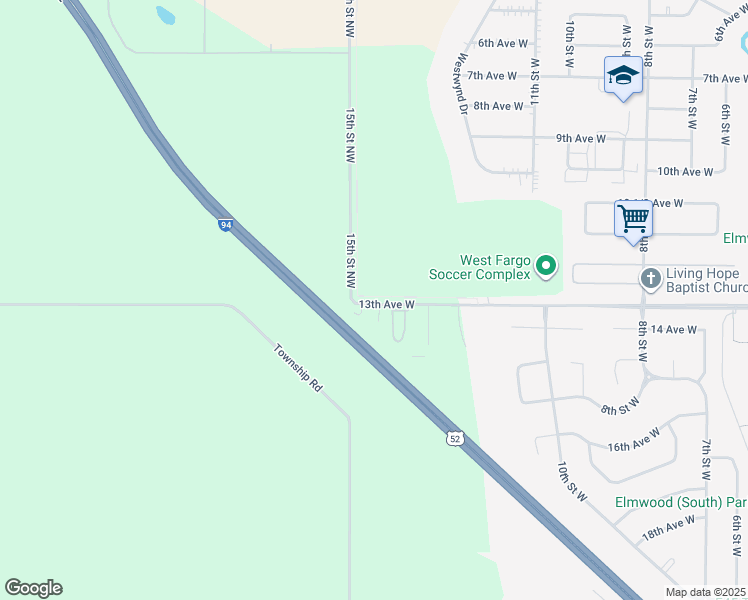 map of restaurants, bars, coffee shops, grocery stores, and more near 1348 13th Avenue West in West Fargo