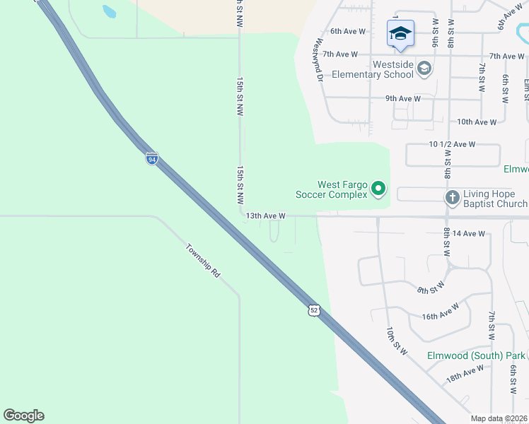 map of restaurants, bars, coffee shops, grocery stores, and more near 1266-1302 13th Avenue West in West Fargo