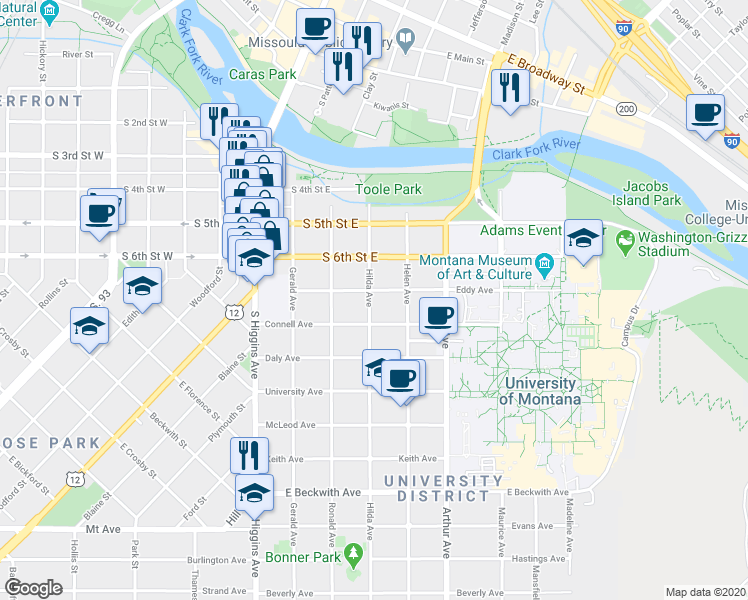 map of restaurants, bars, coffee shops, grocery stores, and more near 902 Hilda Avenue in Missoula