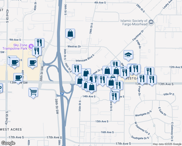 map of restaurants, bars, coffee shops, grocery stores, and more near 3443 Fiechtner Drive South in Fargo