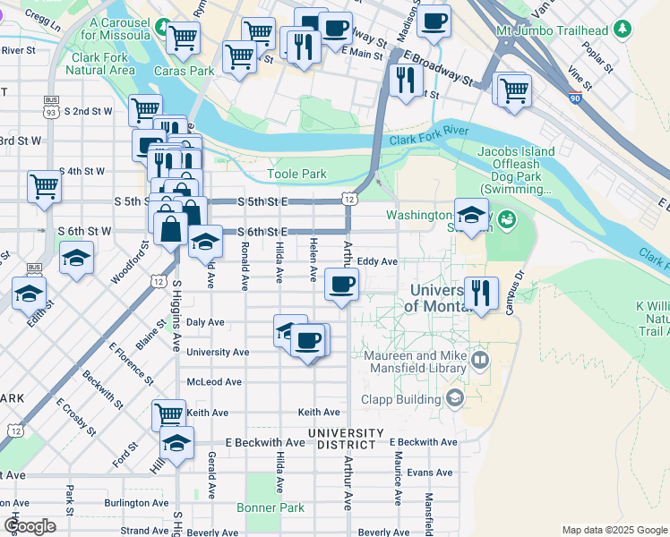 map of restaurants, bars, coffee shops, grocery stores, and more near in Missoula