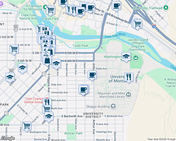 map of restaurants, bars, coffee shops, grocery stores, and more near 435 Eddy Avenue in Missoula