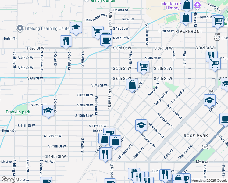 map of restaurants, bars, coffee shops, grocery stores, and more near 830 Hart Street in Missoula