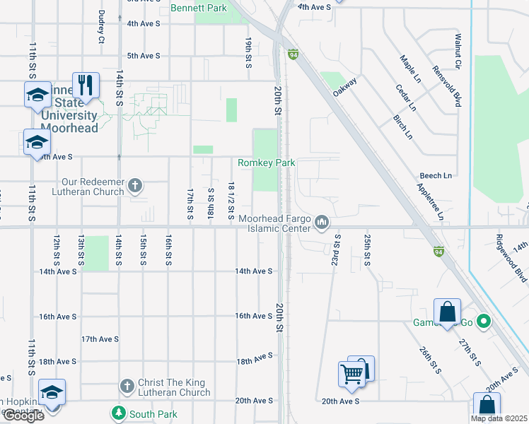 map of restaurants, bars, coffee shops, grocery stores, and more near 1103 20th Street in Moorhead