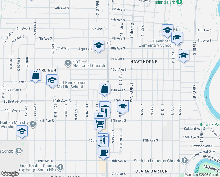 map of restaurants, bars, coffee shops, grocery stores, and more near 1118 South University Drive in Fargo