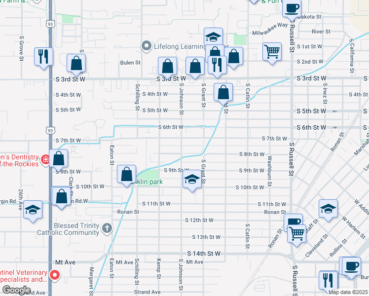 map of restaurants, bars, coffee shops, grocery stores, and more near 920 South Johnson Street in Missoula