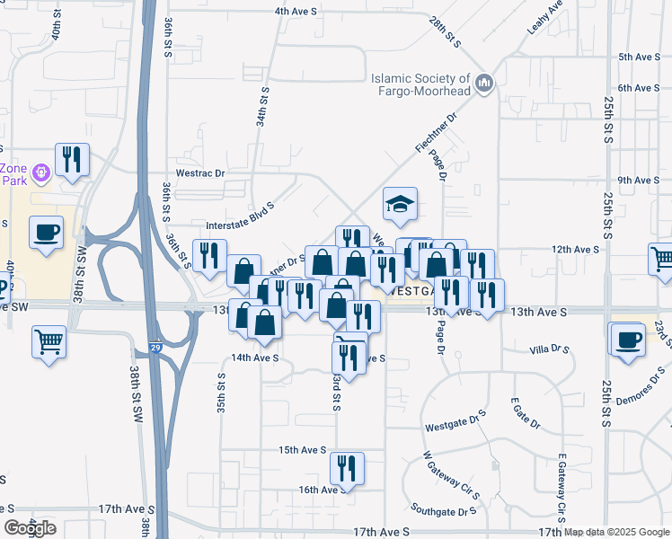 map of restaurants, bars, coffee shops, grocery stores, and more near 1186 Nodak Drive in Fargo