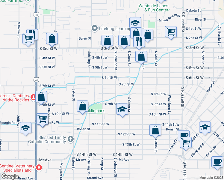 map of restaurants, bars, coffee shops, grocery stores, and more near 2005 South 7th Street West in Missoula