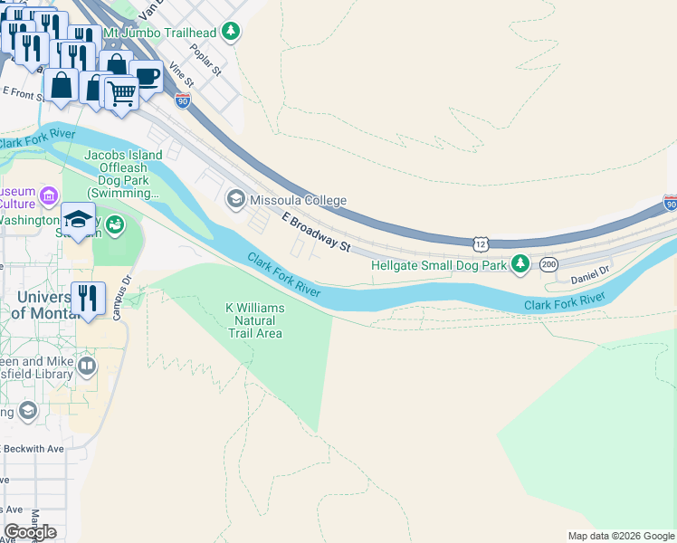 map of restaurants, bars, coffee shops, grocery stores, and more near 1405 East Broadway Street in Missoula