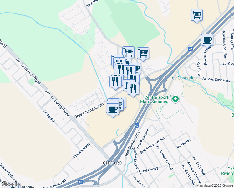 map of restaurants, bars, coffee shops, grocery stores, and more near 3459 Rue Clemenceau in Quebec