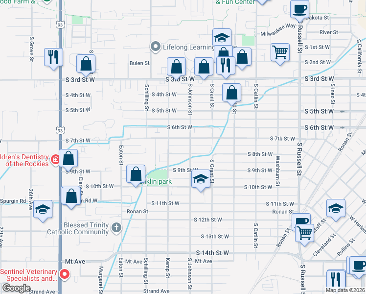 map of restaurants, bars, coffee shops, grocery stores, and more near 2005 South 7th Street West in Missoula