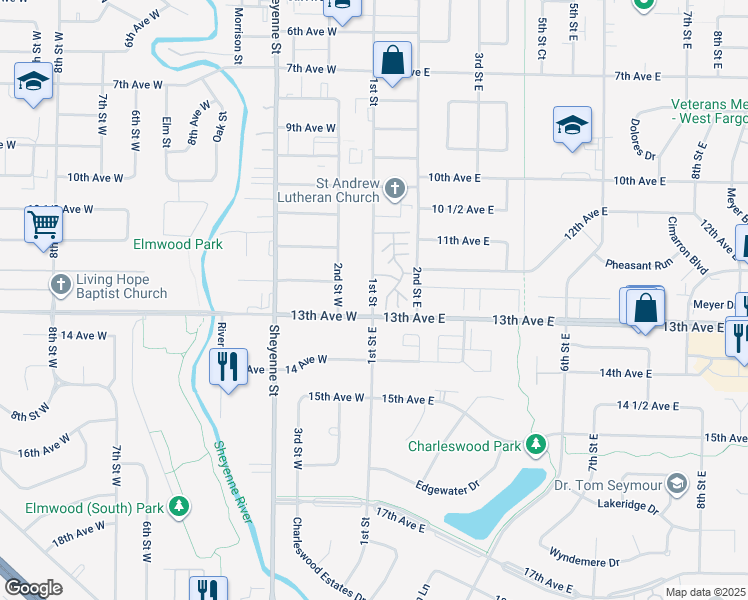 map of restaurants, bars, coffee shops, grocery stores, and more near 1212 1st Street in West Fargo