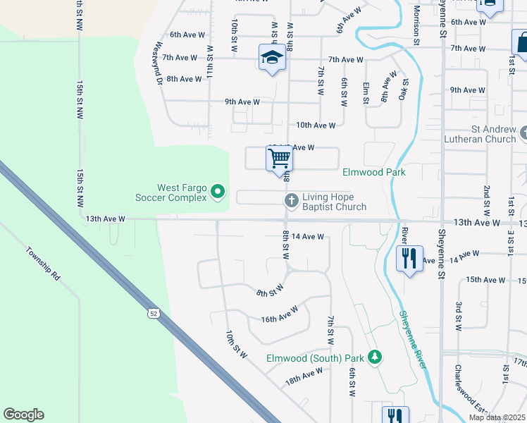 map of restaurants, bars, coffee shops, grocery stores, and more near 835 12 1/2 Ave W in West Fargo
