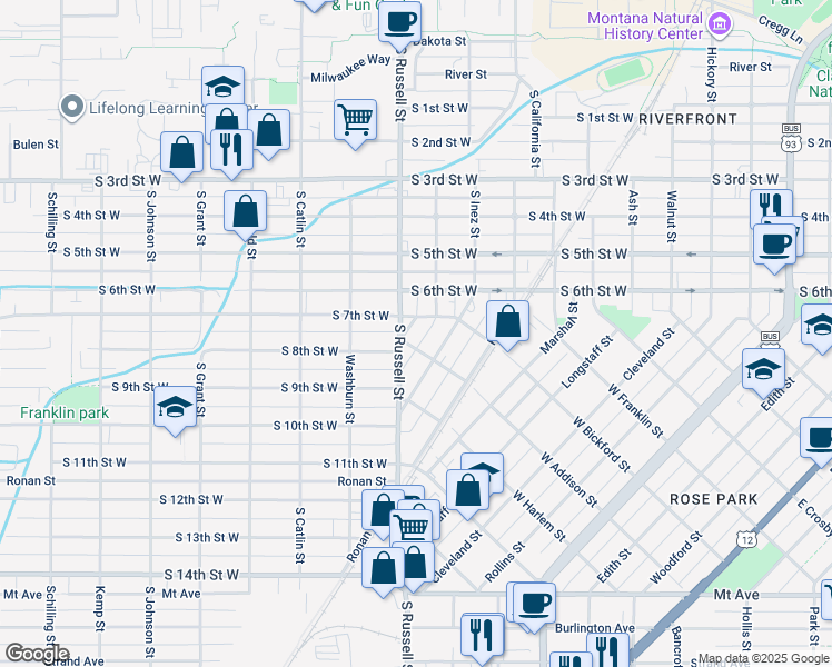 map of restaurants, bars, coffee shops, grocery stores, and more near 830 Hart Street in Missoula