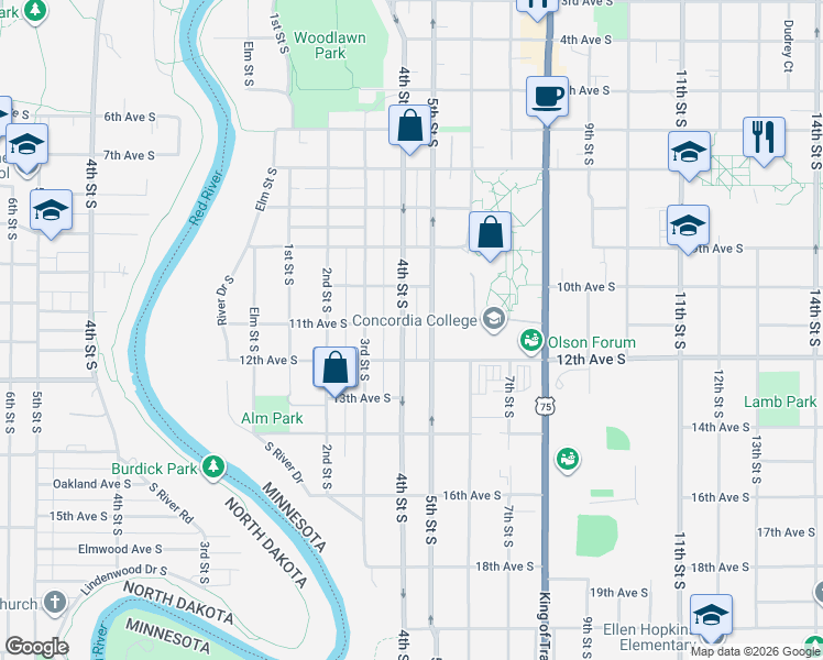 map of restaurants, bars, coffee shops, grocery stores, and more near 1101 4th Street South in Moorhead
