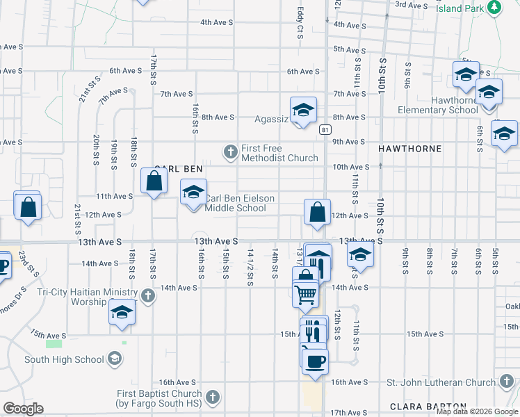map of restaurants, bars, coffee shops, grocery stores, and more near 1421 12th Avenue South in Fargo