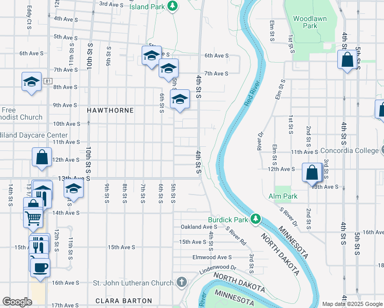map of restaurants, bars, coffee shops, grocery stores, and more near 1111 4th Street South in Fargo