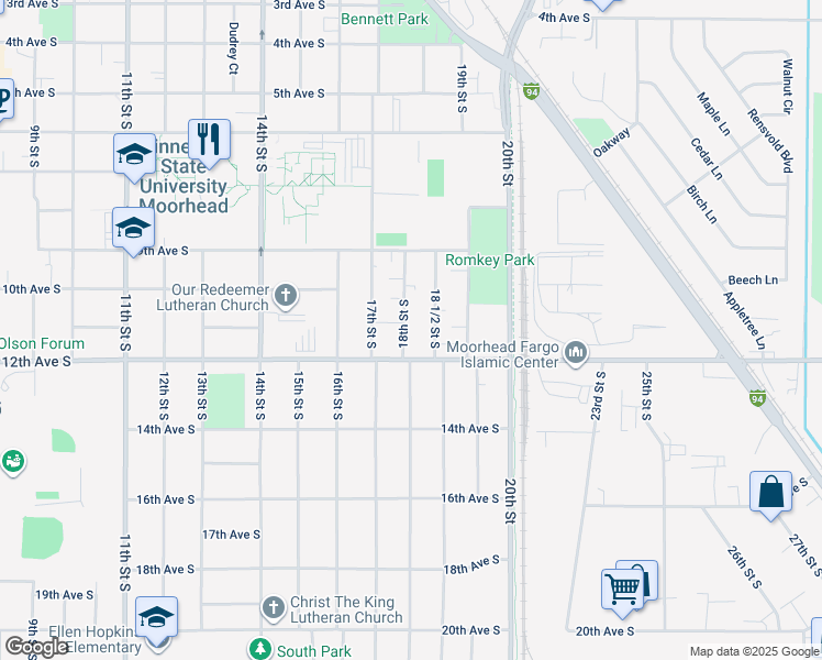 map of restaurants, bars, coffee shops, grocery stores, and more near 1106 18th Street South in Moorhead