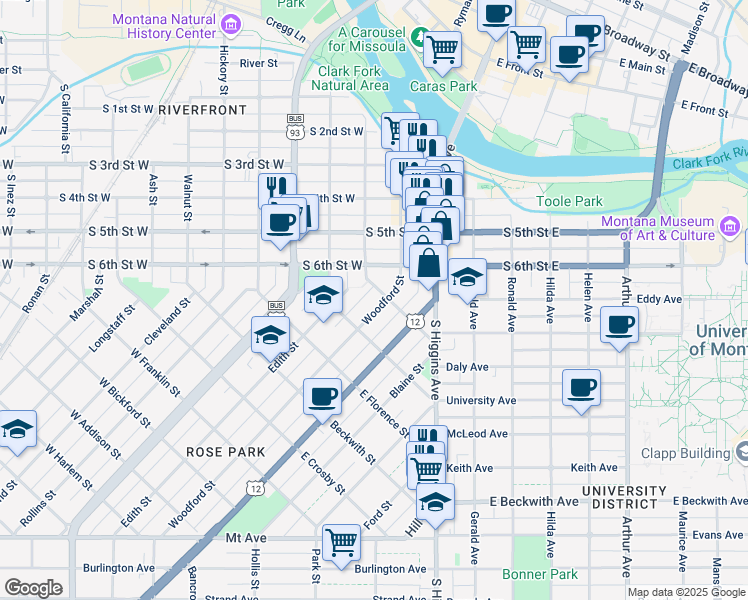 map of restaurants, bars, coffee shops, grocery stores, and more near 205 Woodford Street in Missoula