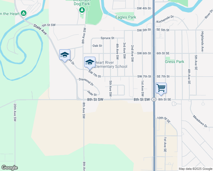 map of restaurants, bars, coffee shops, grocery stores, and more near 750 5th Avenue Southwest in Dickinson