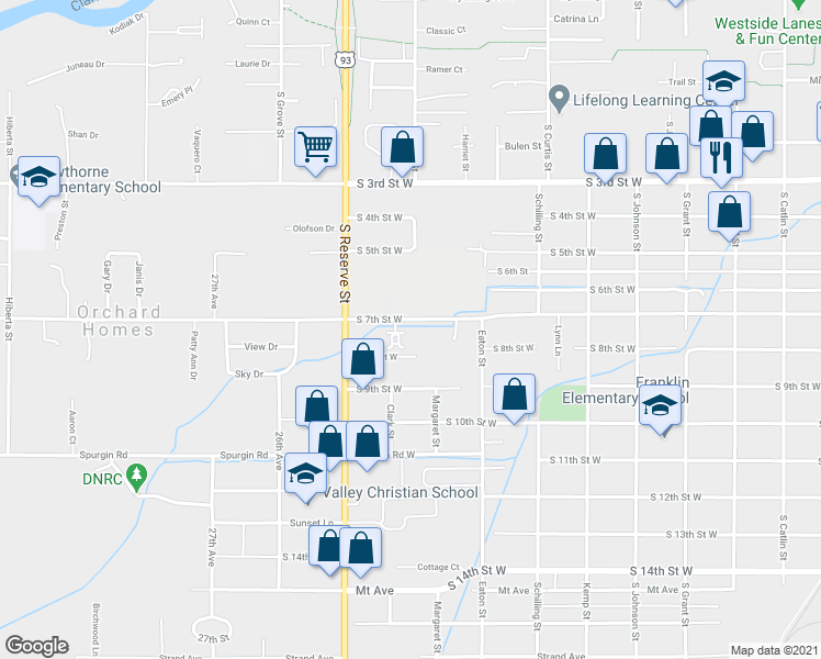 map of restaurants, bars, coffee shops, grocery stores, and more near 2364 Village Square in Missoula