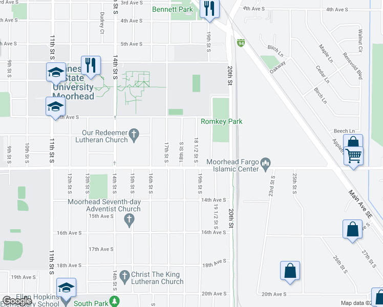 map of restaurants, bars, coffee shops, grocery stores, and more near 1106 18th Street South in Moorhead
