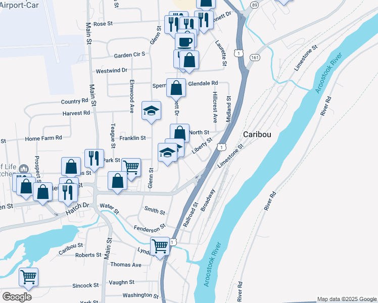 map of restaurants, bars, coffee shops, grocery stores, and more near 3 Veronica Street in Caribou