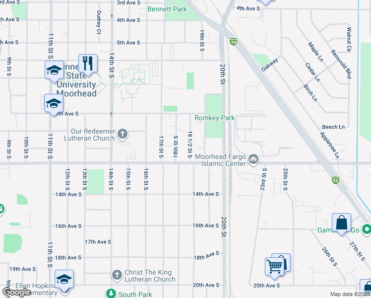map of restaurants, bars, coffee shops, grocery stores, and more near 1103 18 1/2 Street South in Moorhead