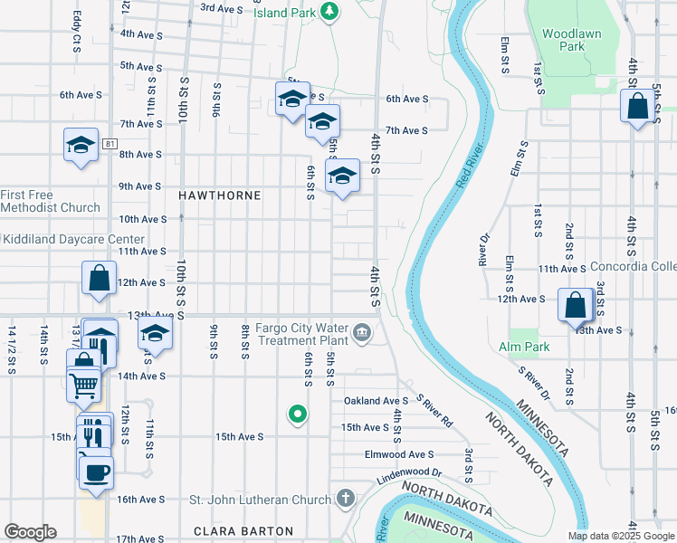 map of restaurants, bars, coffee shops, grocery stores, and more near 1106 5th St S in Fargo