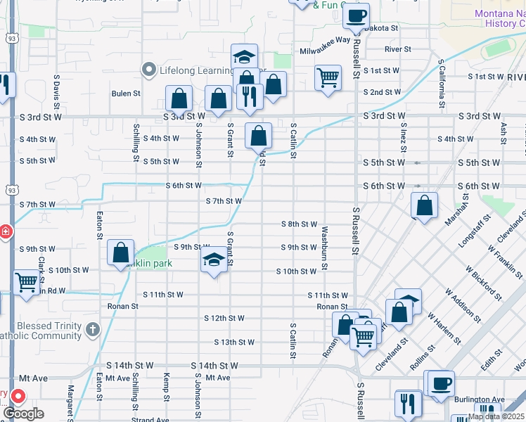 map of restaurants, bars, coffee shops, grocery stores, and more near 910 South Garfield Street in Missoula