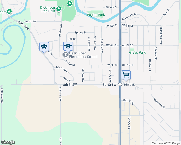 map of restaurants, bars, coffee shops, grocery stores, and more near 375 Ruby Street in Dickinson