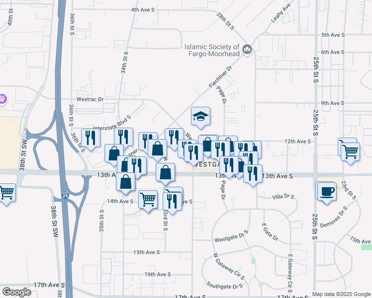 map of restaurants, bars, coffee shops, grocery stores, and more near 1131 Westrac Drive in Fargo