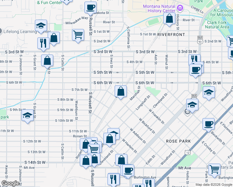 map of restaurants, bars, coffee shops, grocery stores, and more near 725 Ronan Street in Missoula