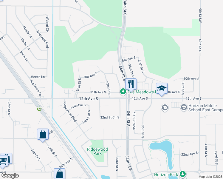map of restaurants, bars, coffee shops, grocery stores, and more near 1046 32nd Street South in Moorhead