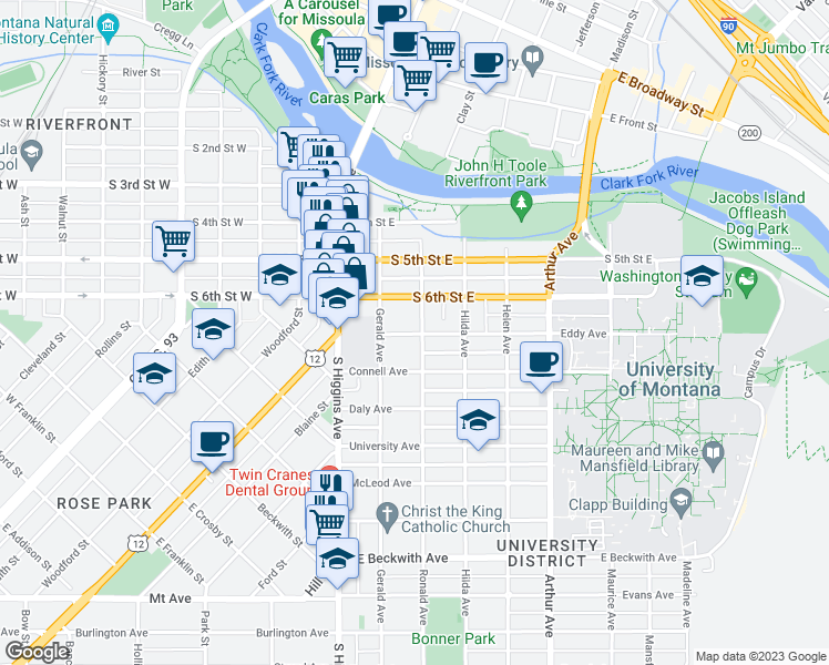 map of restaurants, bars, coffee shops, grocery stores, and more near 236 Eddy Avenue in Missoula