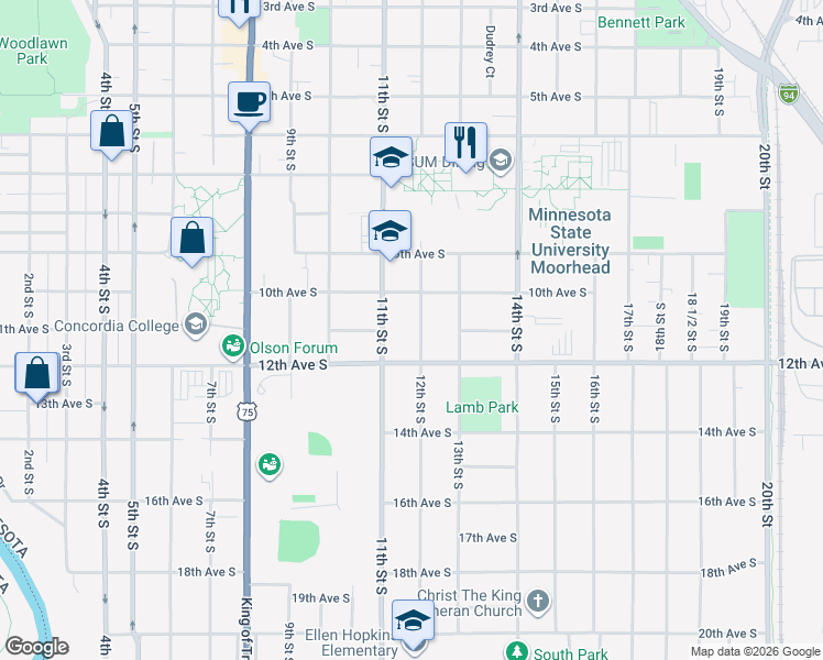 map of restaurants, bars, coffee shops, grocery stores, and more near 1025 12th Street South in Moorhead