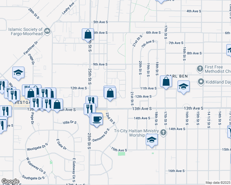 map of restaurants, bars, coffee shops, grocery stores, and more near 2233 12th Avenue South in Fargo