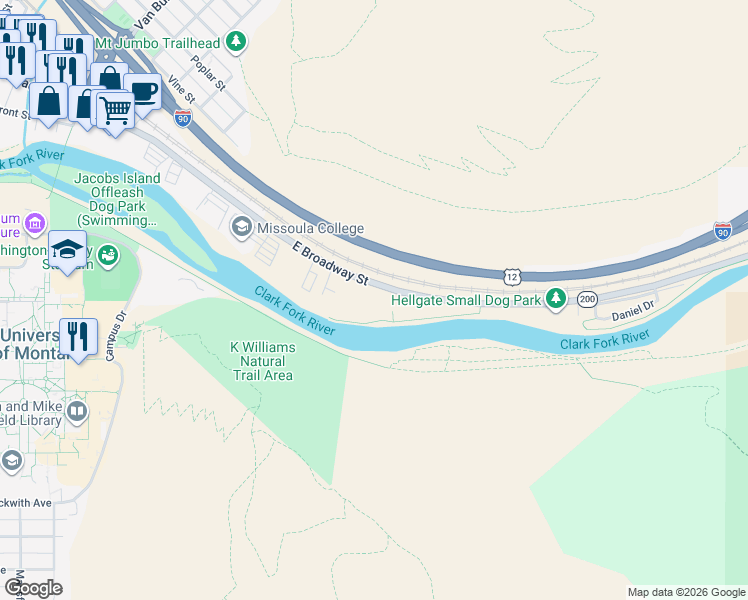map of restaurants, bars, coffee shops, grocery stores, and more near 1405 East Broadway Street in Missoula