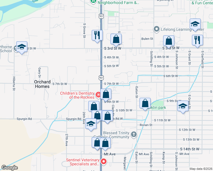 map of restaurants, bars, coffee shops, grocery stores, and more near 2451 S 7th Street West in Missoula