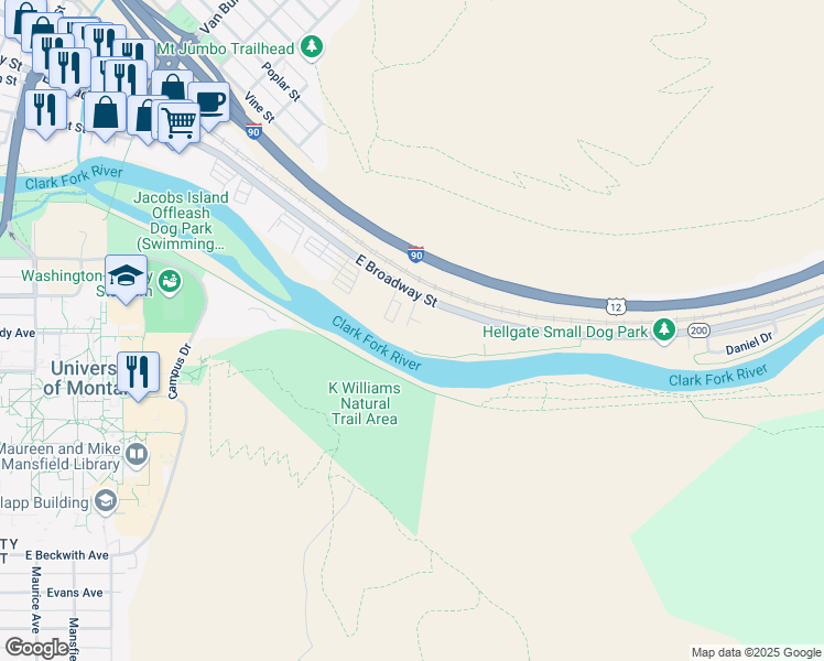map of restaurants, bars, coffee shops, grocery stores, and more near in Missoula