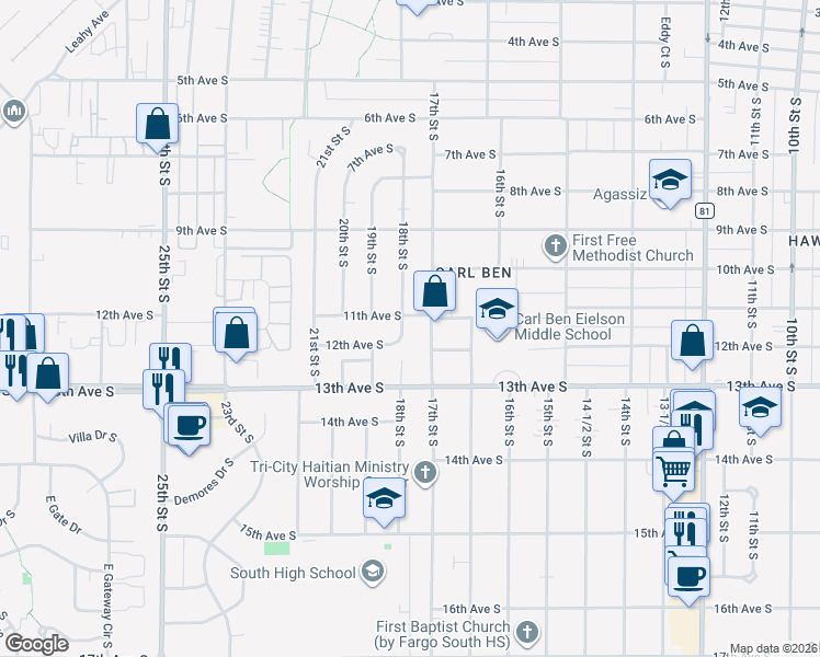 map of restaurants, bars, coffee shops, grocery stores, and more near 1106 18th Street South in Fargo