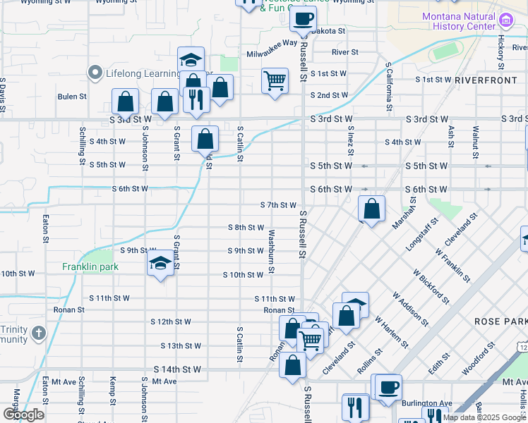 map of restaurants, bars, coffee shops, grocery stores, and more near 1615 S 7th St W in Missoula
