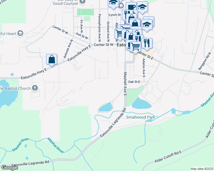 map of restaurants, bars, coffee shops, grocery stores, and more near 301 Orchard Avenue South in Eatonville