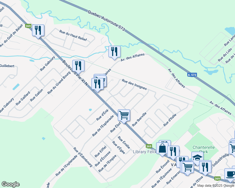map of restaurants, bars, coffee shops, grocery stores, and more near Rue des Immortelles in Ville de Québec