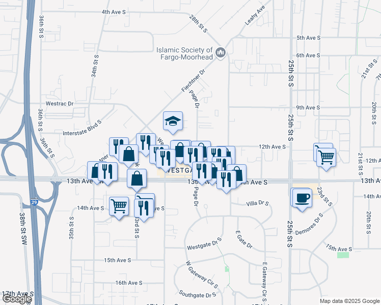 map of restaurants, bars, coffee shops, grocery stores, and more near 1201 Page Drive in Fargo