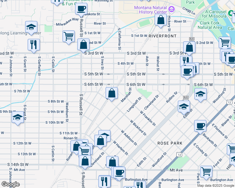 map of restaurants, bars, coffee shops, grocery stores, and more near 521 West Franklin Street in Missoula