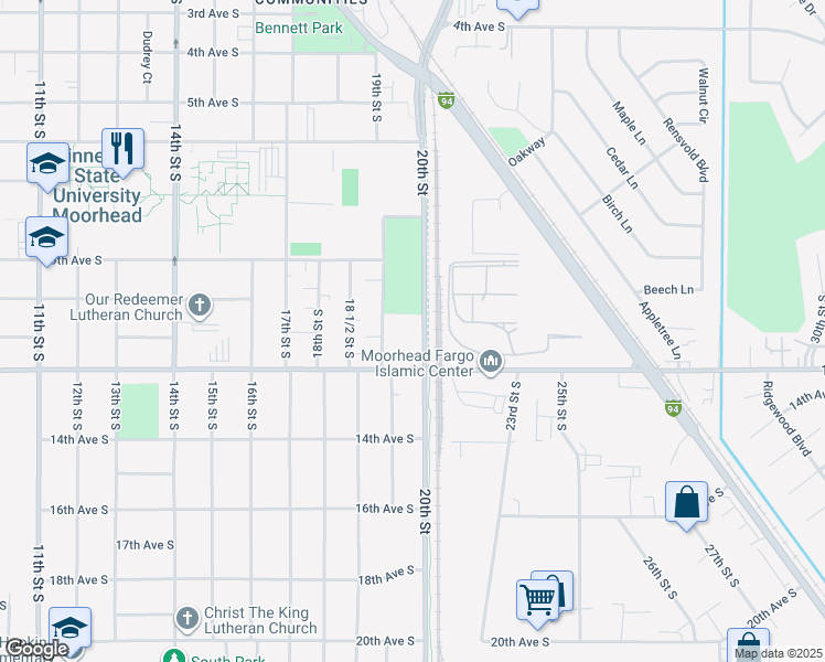 map of restaurants, bars, coffee shops, grocery stores, and more near 1103 20th Street in Moorhead