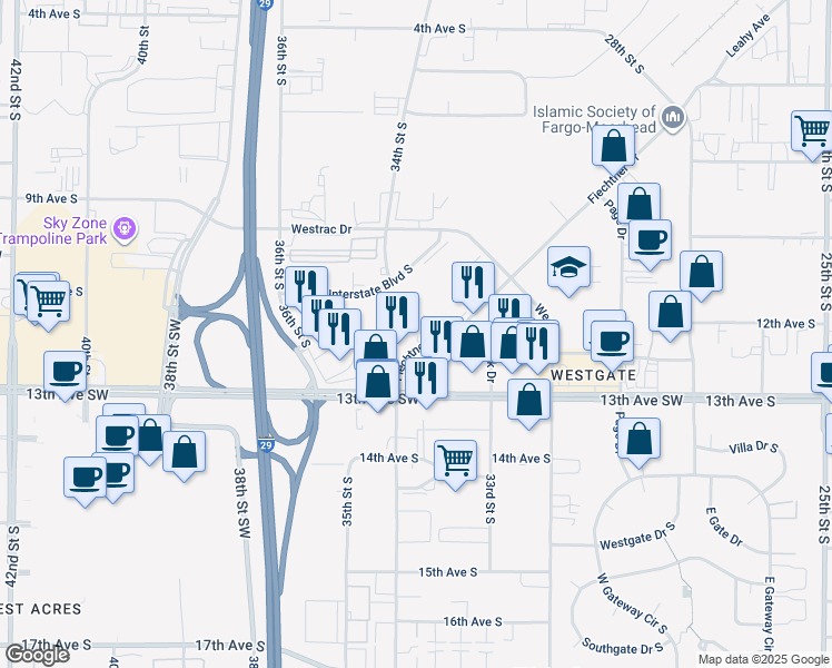 map of restaurants, bars, coffee shops, grocery stores, and more near 3443-3461 Fiechtner Dr S in Fargo