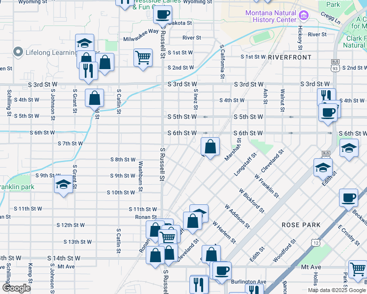 map of restaurants, bars, coffee shops, grocery stores, and more near 806 Kern Street in Missoula