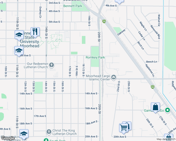 map of restaurants, bars, coffee shops, grocery stores, and more near 1107 19th Street South in Moorhead